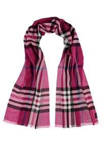 Longue écharpe légère à motif écossais rose, noir, blanc et violet, posée à plat avec des bords à franges et une étiquette sur le côté.