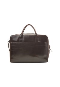 Dark brown leather briefcase with two handles, a front pocket, and a detachable shoulder strap clipped on the left side.