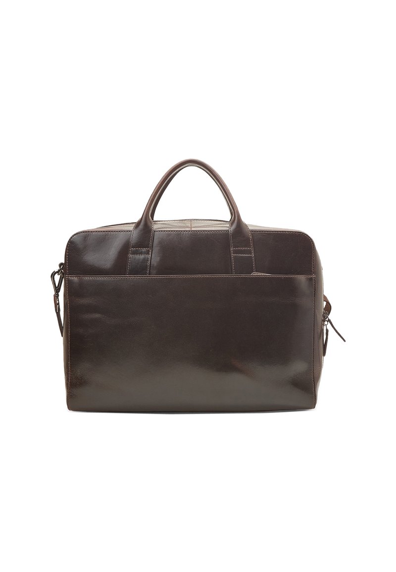Dark brown leather briefcase with two handles, a front pocket, and a detachable shoulder strap clipped on the left side.