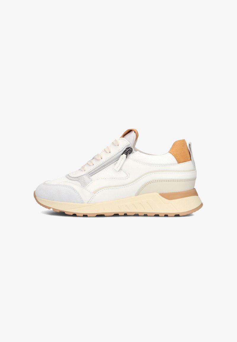 Lightweight sneakers featuring a mix of white and beige materials, with a zip detail on the side, and a textured rubber outsole.