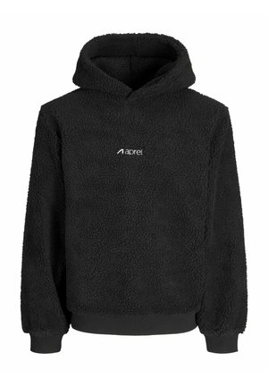 Black fleece hoodie with a textured surface, featuring a front pouch and ribbed cuffs. Logo in white on the chest. Soft and warm fabric.