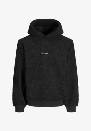 Sudadera con capucha de forro polar negro con una superficie texturizada, presenta un bolsillo frontal y puños acanalados. Logo en blanco en el pecho. Tejido suave y cálido.