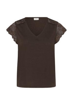Haut femme marron foncé à col en V avec manches courtes en dentelle et corps en tissu uni.