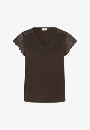 Haut femme marron foncé à col en V avec manches courtes en dentelle et corps en tissu uni.