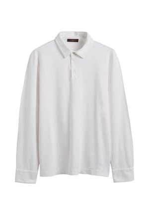 Weißes langärmeliges Poloshirt mit drei Knöpfen und Kragen, dargestellt vor einem schlichten weißen Hintergrund.