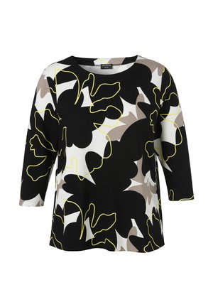 Schwarzes, weißes und beiges Langarmoberteil mit abstraktem Blumenmuster, gelben Konturdetails und rundem Ausschnitt.