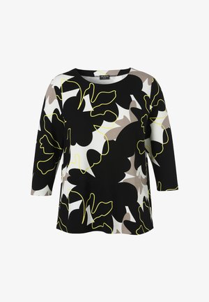Black, white, and beige abstract floral-patterned long-sleeve top with yellow outline details and a round neckline.