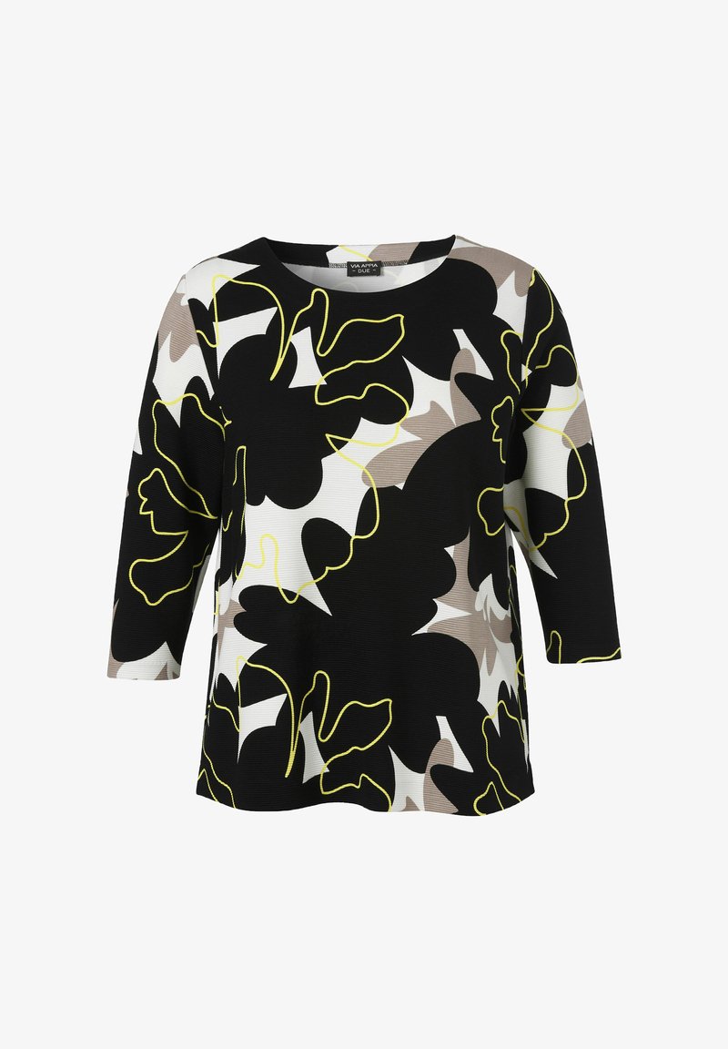 Black, white, and beige abstract floral-patterned long-sleeve top with yellow outline details and a round neckline.