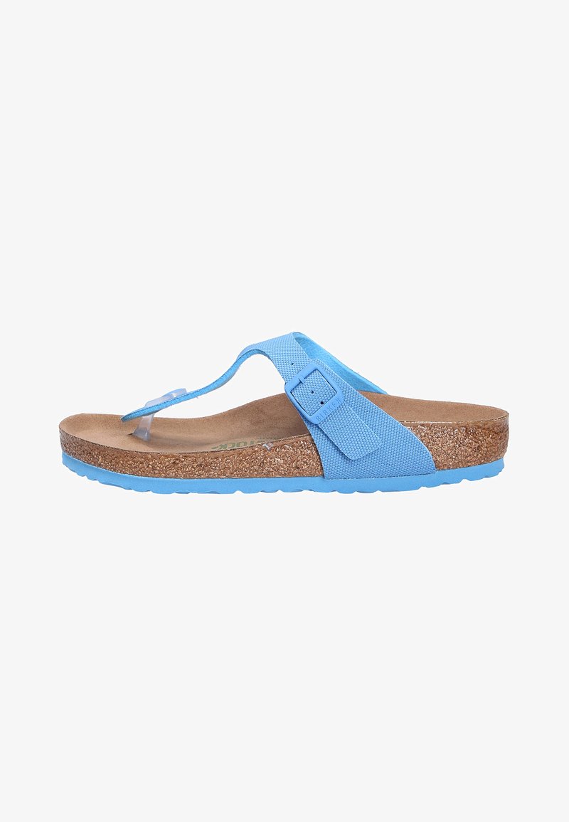 Light blue flip-flop sandal with a textured fabric strap, cork footbed, and a rubber sole. Features an adjustable buckle for fit.