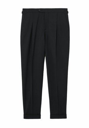 Musta räätälöidyt housut, joissa on etuviistot, sivutaskut, napillinen suljenta ja käännetyt lahkeet.