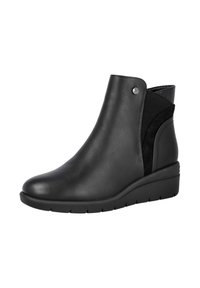 Botas negras hasta el tobillo con un upper de cuero liso, panel de ante contrastante, puntera redondeada y un tacón tipo cuña que aporta altura y comodidad.
