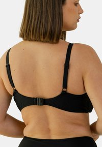 Soutien-gorge noir avec des bretelles réglables et une fermeture à agrafe à l'arrière, présentant une texture lisse et un design simple. Pas de motifs ou d'accents supplémentaires.