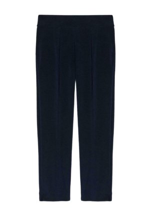 Pantalon bleu marine à texture lisse, avec plis devant, taille élastique large et fentes à l'ourlet aux chevilles.