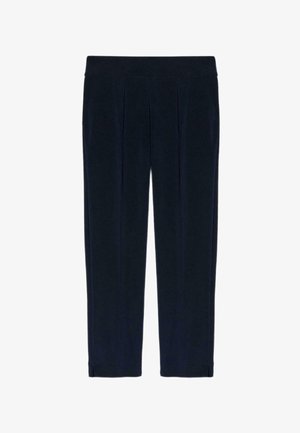 Pantalon bleu marine à texture lisse, avec plis devant, taille élastique large et fentes à l'ourlet aux chevilles.
