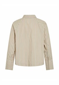 Chemise légère de couleur crème avec des rayures verticales marron. Dotée d'un col, de manches longues et de poignets à boutons.