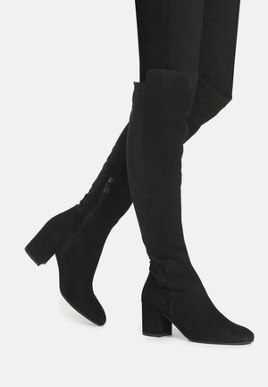 Black over-the-knee boots made of faux suede, featuring a block heel, pointed toe, and a side zipper for easy wear.
