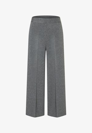 Graumelierte Hose mit weitem Bein, gefertigt aus einem strukturierten Stoff mit dezenten vertikalen Streifen und einem elastischen Bund für hohen Tragekomfort.