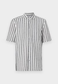Camicia a maniche corte con bottoni di colore bianco, a righe verticali navy. Realizzata in tessuto traspirante, presenta un colletto classico e una vestibilità rilassata.