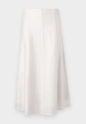 Witte A-lijn midi-rok met een gladde textuur en een verticale naad in het midden, weergegeven op een effen achtergrond.