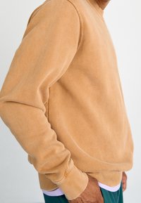 Felpa in cotone marrone chiaro con scollatura tonda, polsini a costine e texture sottile. Indossata sopra una camicia viola chiaro sottostante.