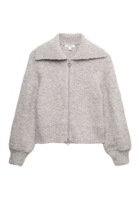 Jasnoszara kurtka na zamek z miękkim, teksturowanym wykończeniem. Posiada szeroki kołnierz i balonowe rękawy. Zamek błyskawiczny z okrągłym uchwytem.