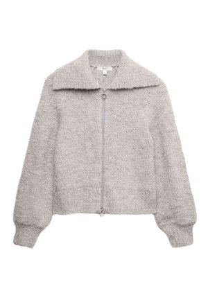 Giacca zip-up grigia chiara con una finitura morbida e testurizzata. Presenta un ampio colletto e maniche a palloncino. Chiusura con zip e un tirante rotondo.