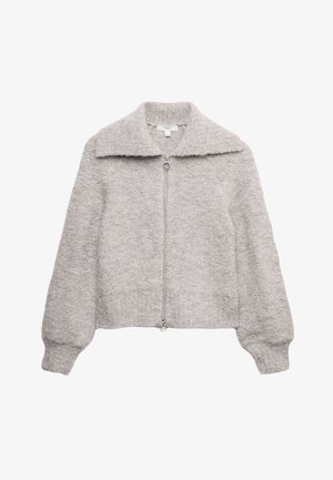 Světle šedá zipová bunda s jemným, texturovaným povrchem. Má široký límec a balónové rukávy. Zipové zapínání s kulatým tahem.