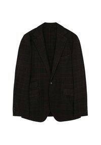 Blazer de cuadros oscuro con tejido texturizado, solapas con muescas, dos bolsillos frontales y cierre de un botón. Diseño de corte ajustado.