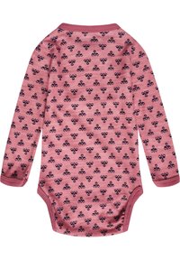 Långärmad body i rosa bomull med marinblå blommönster, rundad halsringning och tryckknappslås i botten. Mjuk, texturerad tyg.