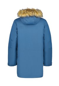 Parka invernale blu con cappuccio foderato in pelliccia vista da dietro, presenta maniche lunghe e cinturini regolabili ai polsi.
