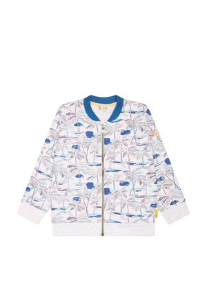 Children's zip-up jacket with gray background, blue and gray palm tree pattern, blue collar, and ribbed cuffs and hem.