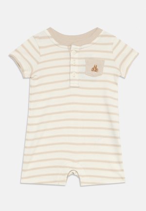 Kortermet beige og hvitstripet babyromper med tre knapper og en liten lomme med brodert teddybjørn.