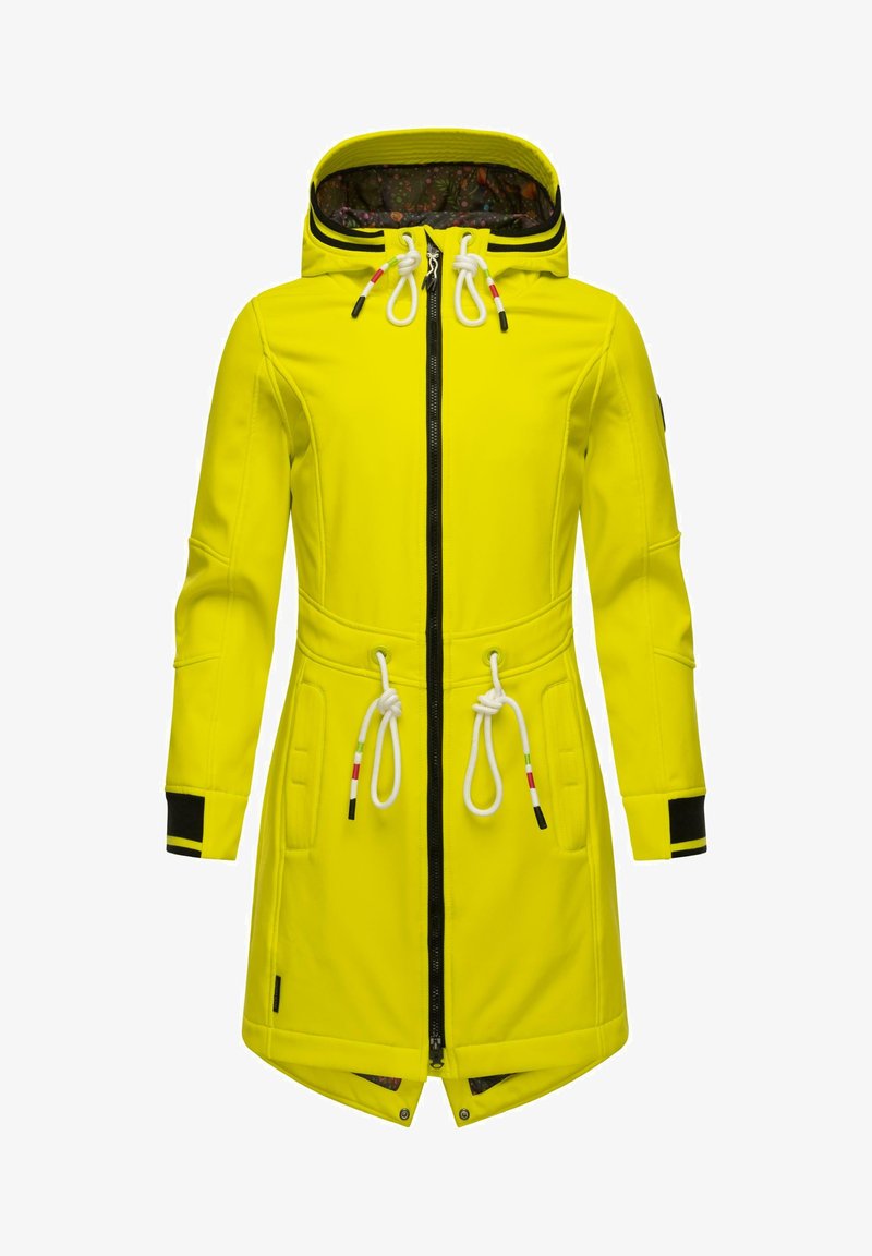 Gul vannavstøtende jakke med glidelås foran, justerbar hette, to sidelommer og svarte detaljer på ermene. Innvendig har den blomsterdesign.