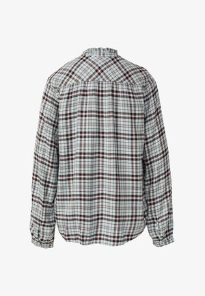 Zadný pohľad na košeľu s dlhými rukávmi v károvanom vzore so bielou, hnedou a svetlomodrou farbou a detailom zhromaždeného goliera.