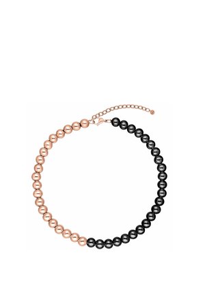Necklace with alternating glossy black and rose gold round beads, featuring a rose gold chain extender and lobster clasp.