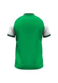Camicia verde a maniche corte con maniche bianche, colletto verde e bordi verdi a contrasto sulle maniche. Tessuto liscio, design atletico classico.