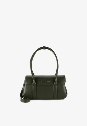 Dunkelgrüne Valentino Lederhandtasche mit doppelten Griffen, Klappverschluss und abnehmbarem Schulterriemen vor weißem Hintergrund.