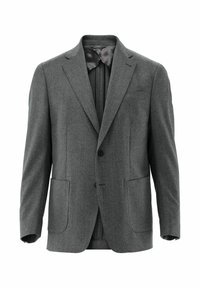 Graue Wollanzugjacke mit zwei Vordertaschen, einreihiger Knopfverschluss, Reverskragen und glatter Innenauskleidung. Klassische taillierte Silhouette.