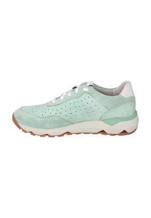 Mint green suede sneaker with perforated details and white laces. Light gray heel accent and beige rubber sole with traction pattern.