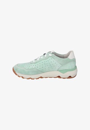 Mint green suede sneaker with perforated details and white laces. Light gray heel accent and beige rubber sole with traction pattern.