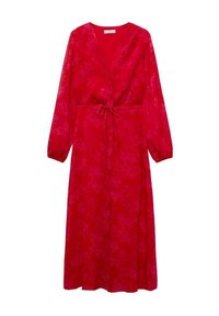 Rotes Kleid mit langen Ärmeln, tiefem V-Ausschnitt, verstellbarem Bindeband in der Taille und floralem Mustermuster. Fließende Silhouette, die bis zur Mitte der Wade reicht.