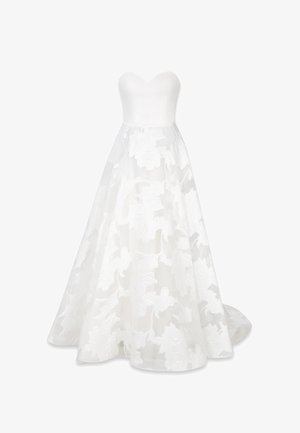 Strapless white wedding gown with fitted bodice and full skirt featuring sheer floral lace overlay and slight train.