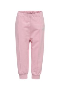 Roze joggingsbroek van zacht materiaal met een elastische tailleband, taps toelopende enkels en een klein geborduurd detail aan de zijkant.