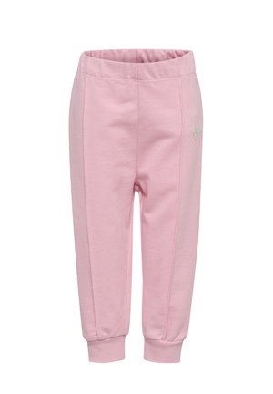Rosa mjukisbyxor i mjukt tyg med resårmidja, avsmalnande anklar och en liten broderad detalj på sidan.