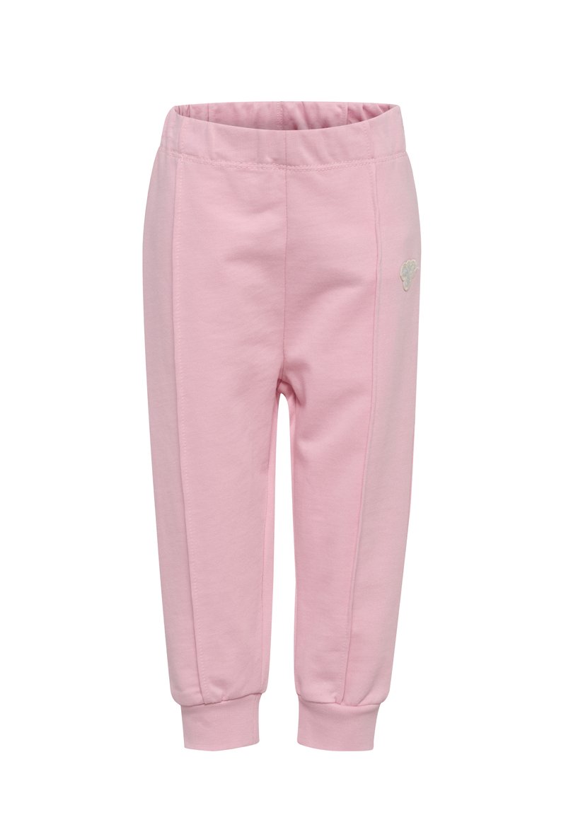 Roze joggingsbroek van zacht materiaal met een elastische tailleband, taps toelopende enkels en een klein geborduurd detail aan de zijkant.