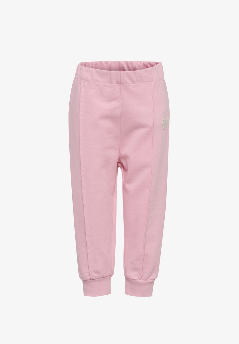 Roze joggingsbroek van zacht materiaal met een elastische tailleband, taps toelopende enkels en een klein geborduurd detail aan de zijkant.