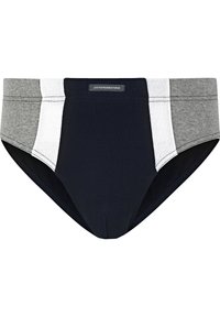 Herrenslips mit einem Farbblockdesign in Marineblau, Grau und Weiß. Hergestellt aus weicher Baumwolle mit einem bequemen elastischen Bund.