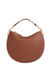 Borsa in pelle marrone con silhouette curva, dettagli in metallo dorato, manico corto e superficie testurizzata. Logo impresso sul fondo.