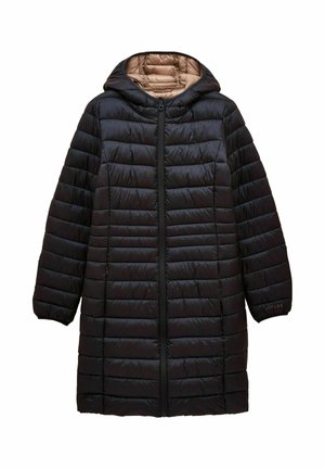 Black long quilted puffer coat with hood, front zipper, and light brown interior lining, designed for cold weather.