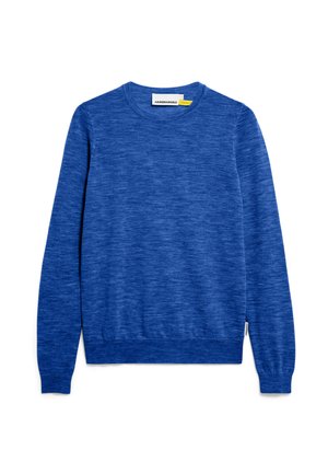 Blue crew-neck sweater made from textured, lightweight material. Features long sleeves and ribbed cuffs and hem. Manufacturer tag visible.
